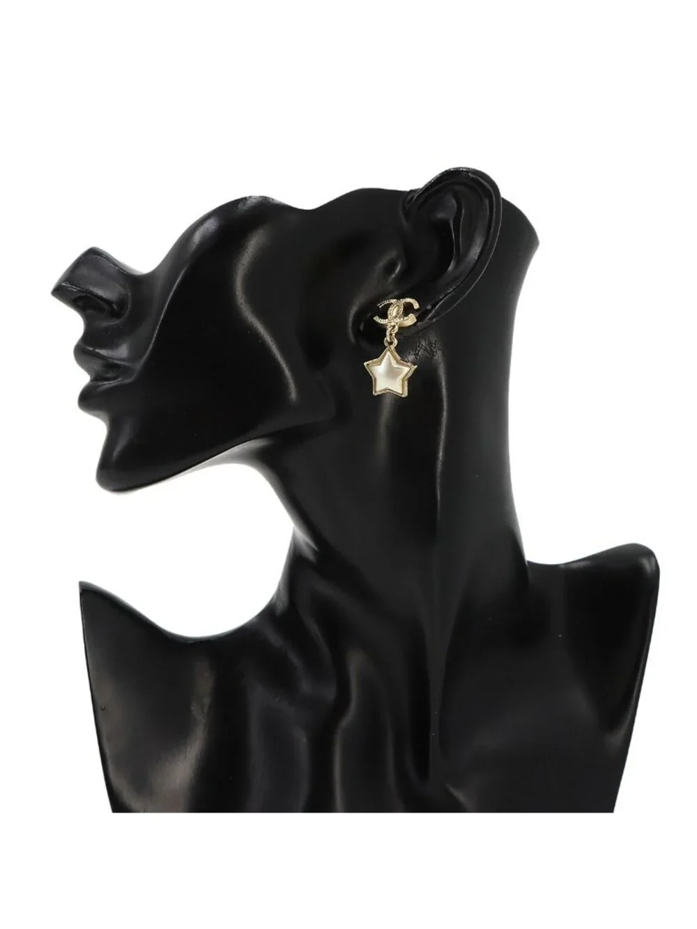 Chanel CC Logo Star Swing Earrings Faux Pearl Gold White